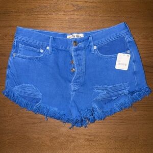 We The Free Electric Blue Distressed Button-Fly Jean Shorts